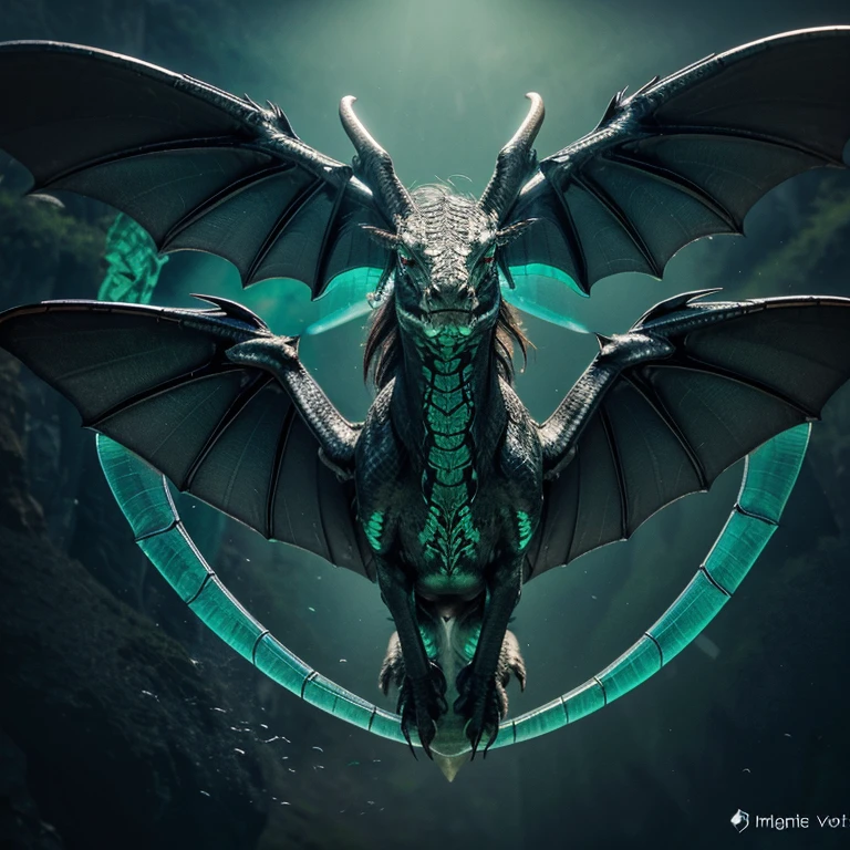Erstelle mir einen Purpurnen Drachen, with wings that are transparent. The veins in the wings are green. Der Drache fliegt. Im Hintergrund sind Berge zu sehen. The dragon's eyes are loving and kind.
