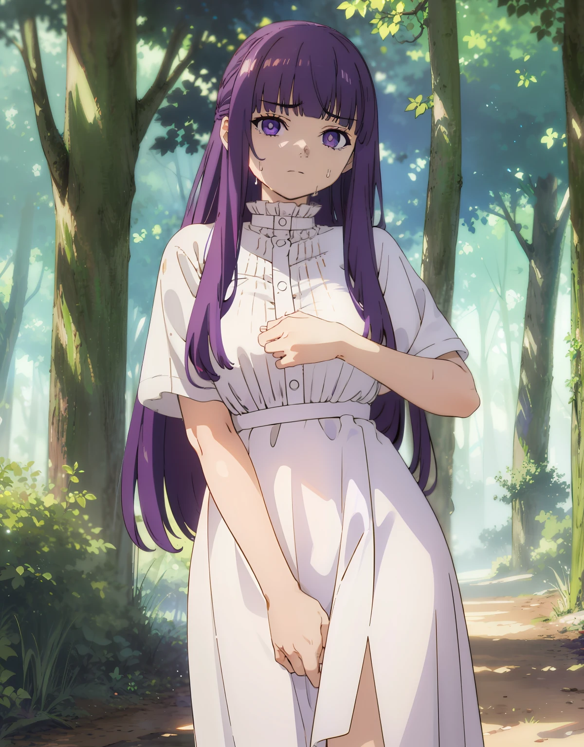 (Best Quality, Masterpiece),sexy, erotic, 1girl, 18 years old, Contempt, pride, long purple hair, ((purple eyes)), looking at viewer, forest, sweat, white dress, looking at viewer, warm light, angry, ((bludhing)), covering crotch