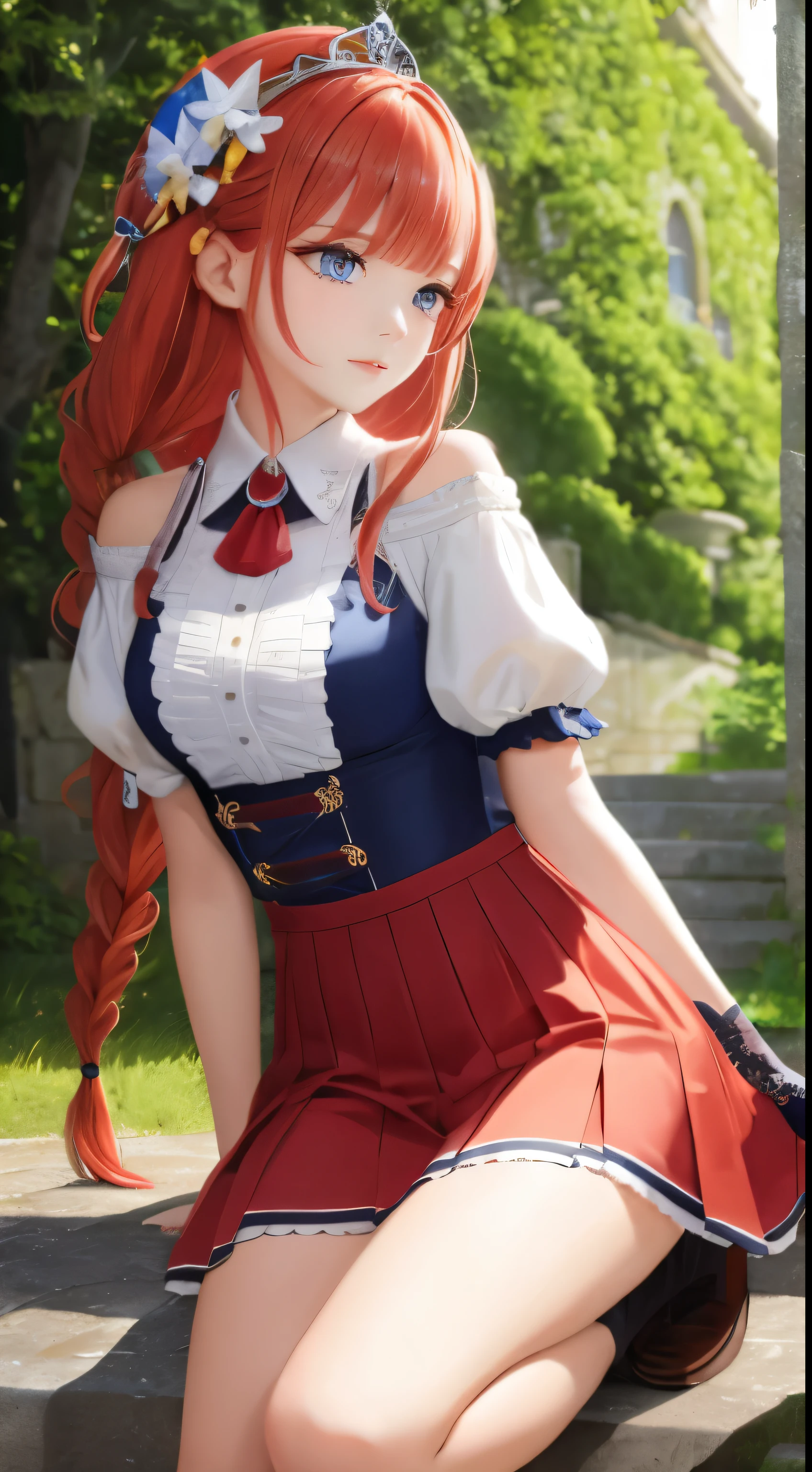 pecorine, pecorine, blue eyes, hair ornament, long hair, orange hair, tiara, braid, hair braid, BREAK arm belt, armor, ascot, blue socks, boots, dress, gloves, hair ornament, open clothes, open dress, pauldrons, pleated skirt, puffy short sleeves, puffy sleeves, red ascot, red skirt, short sleeves, shoulder armor, single pauldron, skirt, socks, white dress, white footwear, white gloves, BREAK looking at viewer, full body, BREAK outdoors, BREAK (masterpiece:1.2), best quality, high resolution, unity 8k wallpaper, (illustration:0.8), (beautiful detailed eyes:1.6), extremely detailed face, perfect lighting, extremely detailed CG, (perfect hands, perfect anatomy),