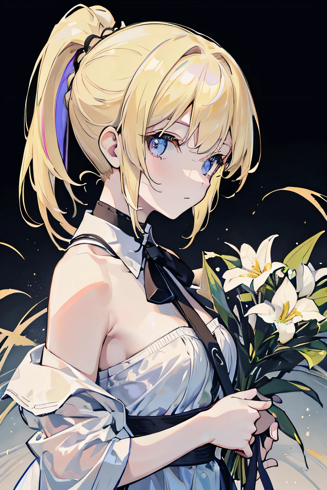 a pale　Ultra-high brightness　low-saturation　Chignon Ponytail　a blond　a beauty girl　rainbows　florals