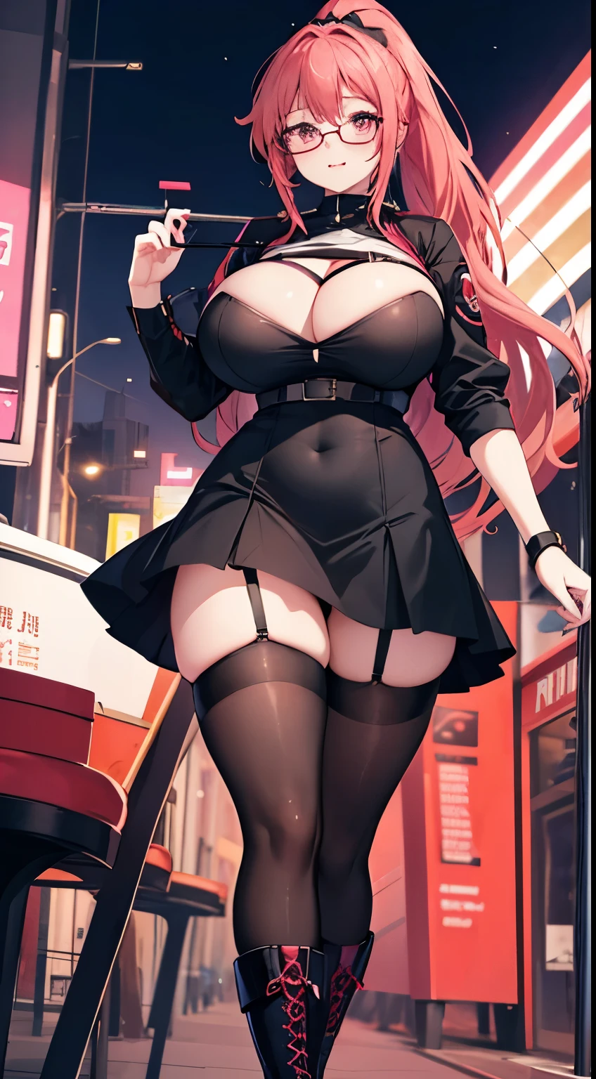 1girl, massive brest, long legs, redhead, pink eyes, boots, two ponytail, anime style, curvy, glasses, black dress, belly, big cheek, red lips, black stockings, garter belt, round faces