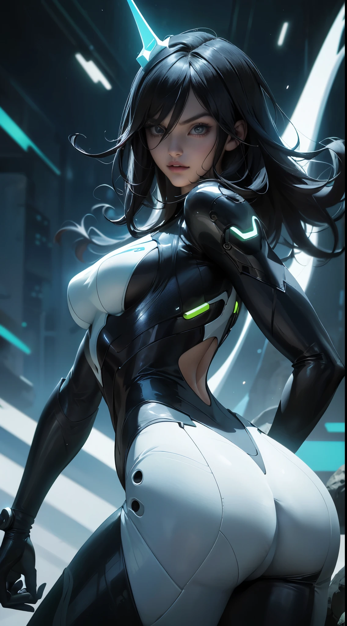 (La mejor calidad,A high resolution,Ultra - detallado,actual), cyberpunked、large buttockss、arrodillarse、Electronic visor attached to the face of a with emphasis on the buttocks、(Red latex body),(Moda cyberpunk:1 4)、Pose sexy、(Usar polainas amarillas en la parte inferior del cuerpo、Agrandamiento de los senos、Neon lights in the dark city at night,(white cyborg latex bodysuit:1.4), (hermosos ojos azules), (fondo piedras grandes negro:1.4) , (pose vaquero ), (realistic) ,Arte detallado de alta calidad 8K, Fanart Mejor ArtStation, Fantasy art style ,