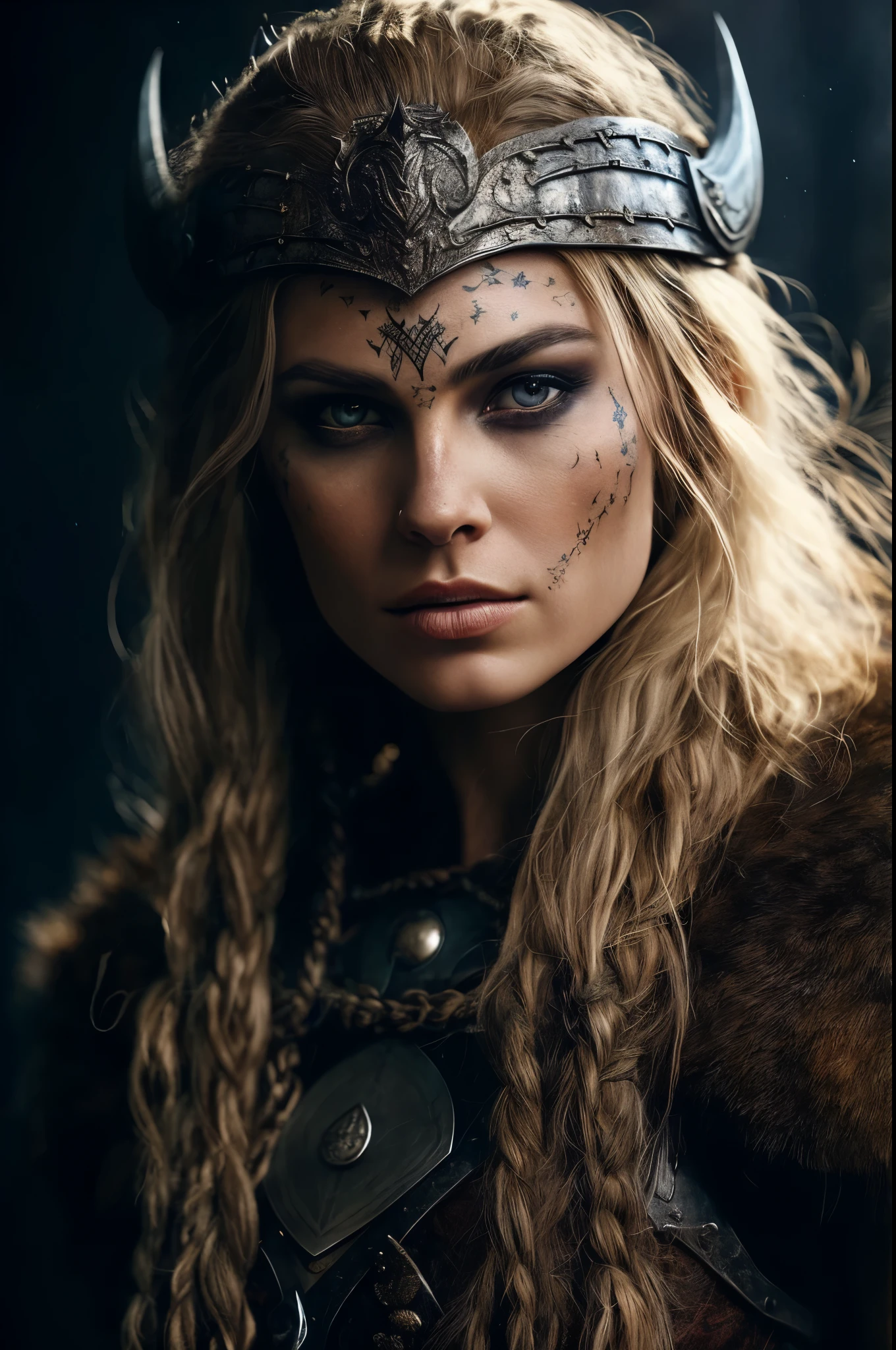 a close up of a woman wearing a viking costume with horns, female viking, beautiful nordic woman, norse goddess, norse inspired, norse warrior, scandinavian / norse influenced, with rune tattoos on the face, a very beautiful berserker woman, beautiful maiden, beautiful female warrior, warrior princess, portrait of a barbarian woman, portrait of an elven warrior
