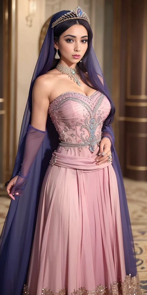 best quality,high quality,HD,arafed woman in a pink dress and a blue head scarf, arabian princess, arab princess, arabian beauty, elegant glamourous , persian princess, beautiful arab woman, royal elegant pose, princess jasmine, a beautiful fantasy empress, ((a beautiful fantasy empreseautiful princess, arab inspired, beautiful female princess, photorealistic disney, royal dress, glamourous