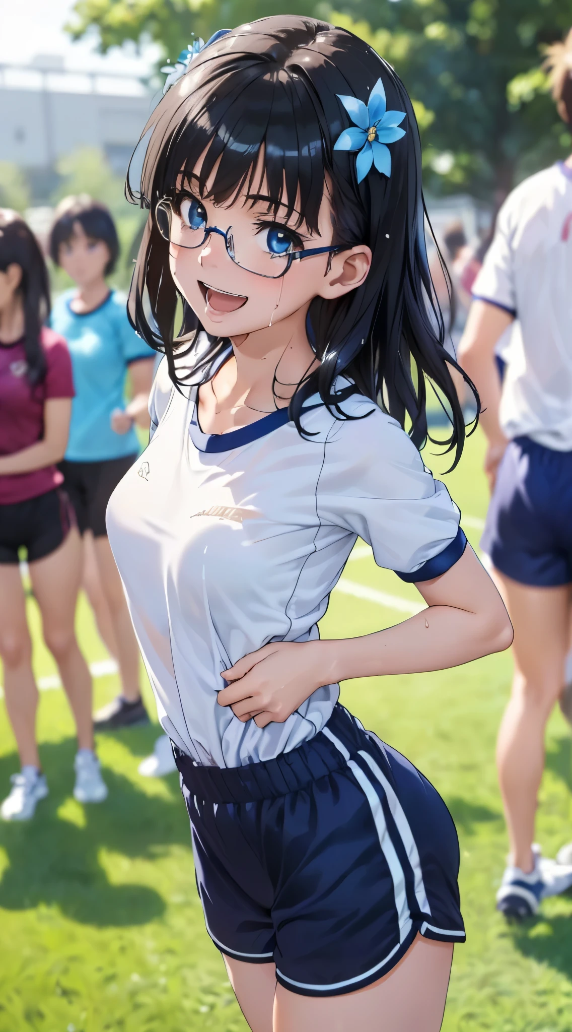 1womanl,Golden hair, beautiful breasts,(((Sexy white and blue shiny short sleeve gym clothes and shorts、Smile with open mouth)),((())),((( portlate))),Crowds,Shiny white short-sleeved gym uniform and blue pants,(Wet with sweat),((athletic field)),((see -through)),outside of house,(((clothes shiny))),Beautiful ponytail,(((Bra visible through T-shirt)))