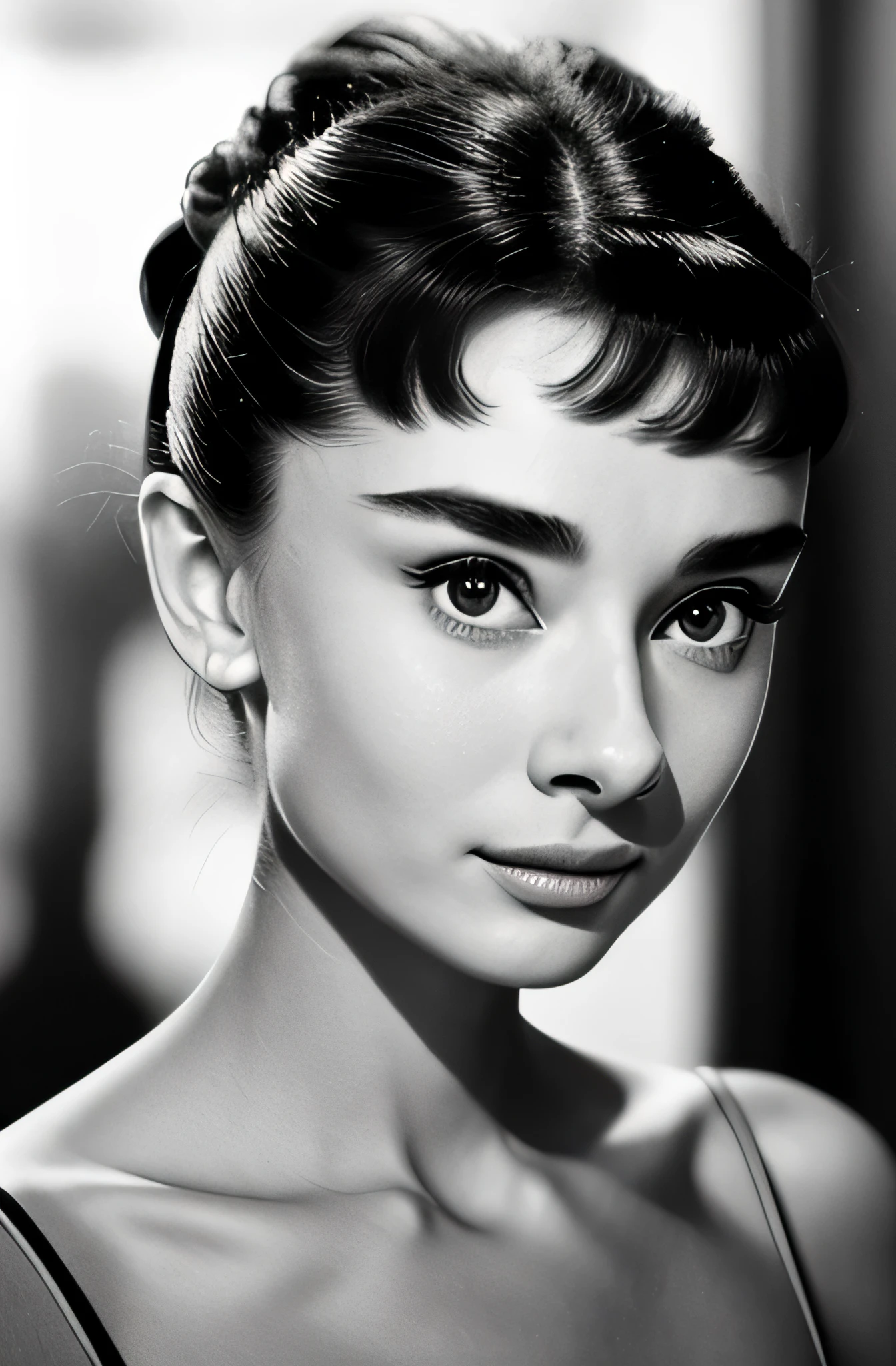 ((black an white filter)), AudreyHepburn, focus on eyes, close up on face,  short black hair styled cascading curls bun, portrait photo of a beautiful young actress: (AudreyHepburn is in the black and white Roman Holiday movie film), hotel room, Award - winning photograph, Masterpiece, 8k, ultra high res, hyper detailed, perfect flawless face, rule of thirds, Realistic Perfect eyes and pupils, Perfect full lips, upturned nose, highly detailed shining hair, ((detailed facial featureinely detailed skin), tanned skin, skin pores, skin blemishes, realistic skin texture, intricate details, photorealism, hyperrealism, ultra realistic, lifelike textures, neutral colors, cinematic lighting, dramatic lighting, backlight on hair, sharp focus, wide angle, film grain, dslr, raw photo,