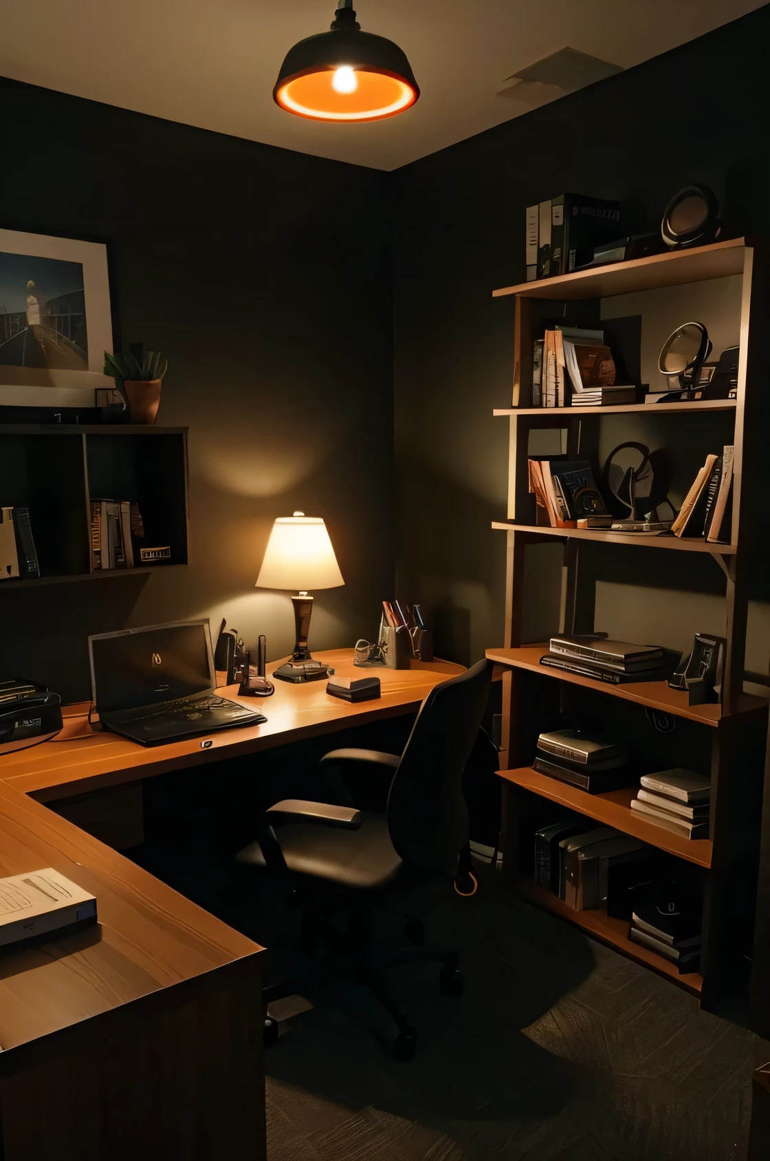 Photo of a realistic scenery for a YouTube channel 1920x1080 pixels. Office with poor lighting and dark walls, estantes com alguns livros e elementos geek. Presence of dimly lit orange lights in corners.