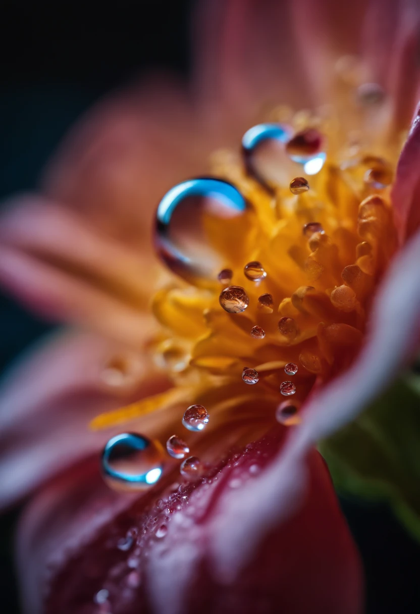 a creative shot of water droplets on a colorful surface, such as a flower or fruit, showcasing the vibrant colors and enhancing the visual impact