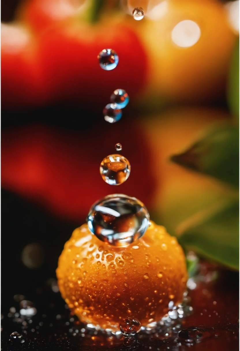 a creative shot of water droplets on a colorful surface, such as a flower or fruit, showcasing the vibrant colors and enhancing the visual impact