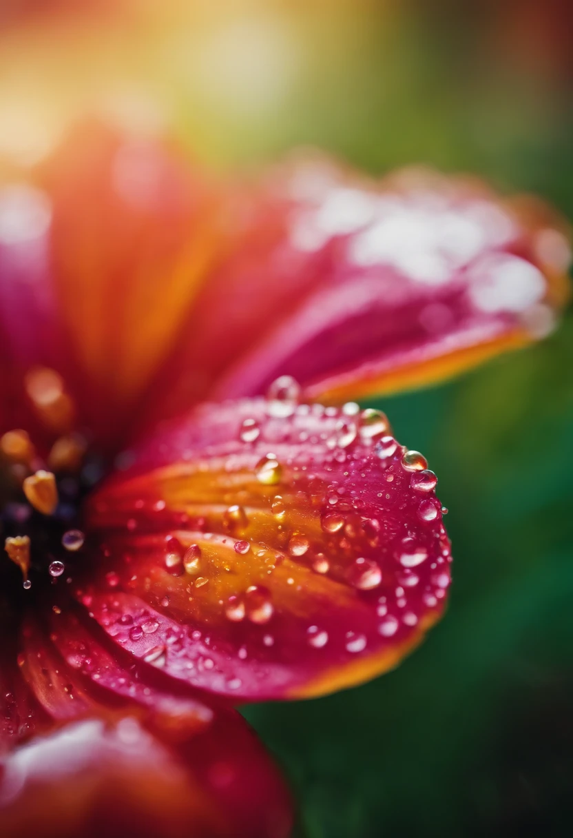 a creative shot of water droplets on a colorful surface, such as a flower or fruit, showcasing the vibrant colors and enhancing the visual impact