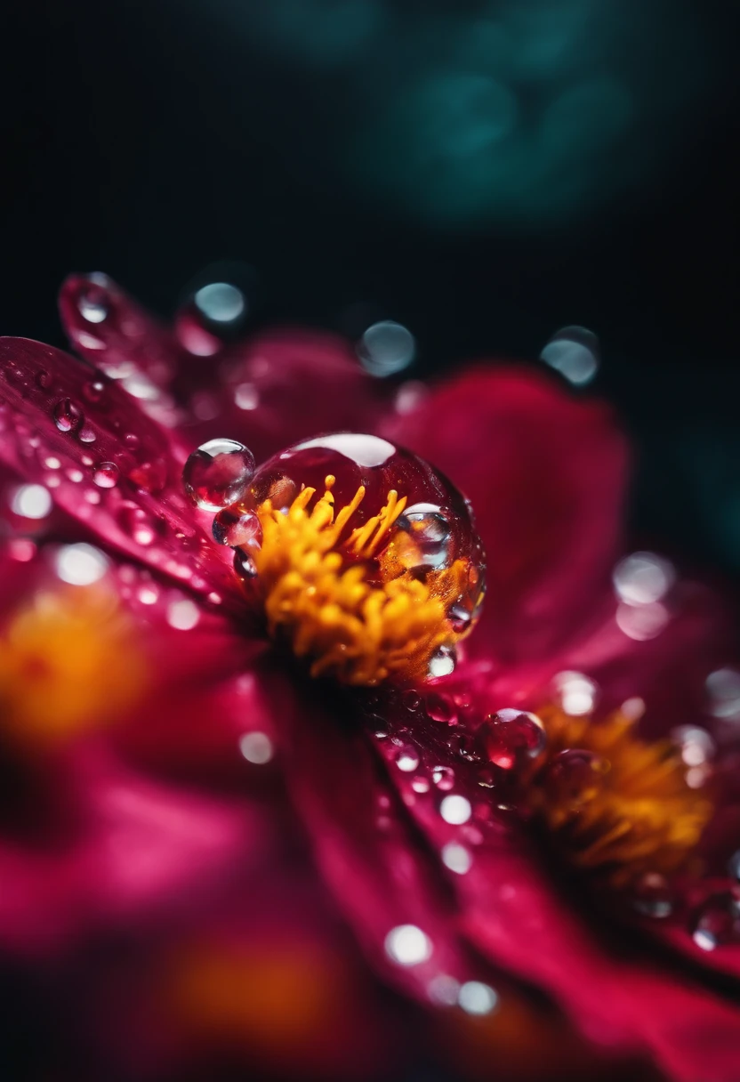 a creative shot of water droplets on a colorful surface, such as a flower or fruit, showcasing the vibrant colors and enhancing the visual impact