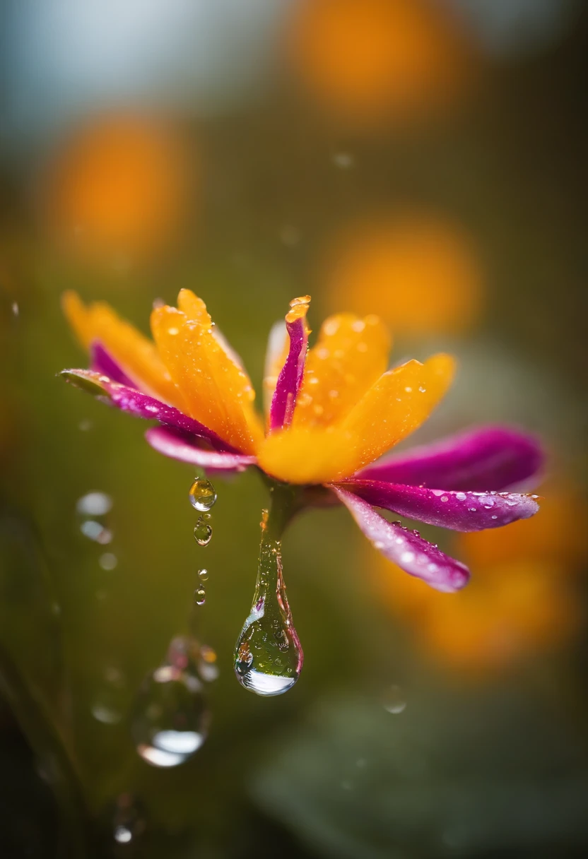 a creative shot of water droplets on a colorful surface, such as a flower or fruit, showcasing the vibrant colors and enhancing the visual impact