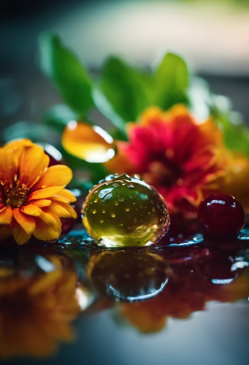 a creative shot of water droplets on a colorful surface, such as a flower or fruit, showcasing the vibrant colors and enhancing the visual impact