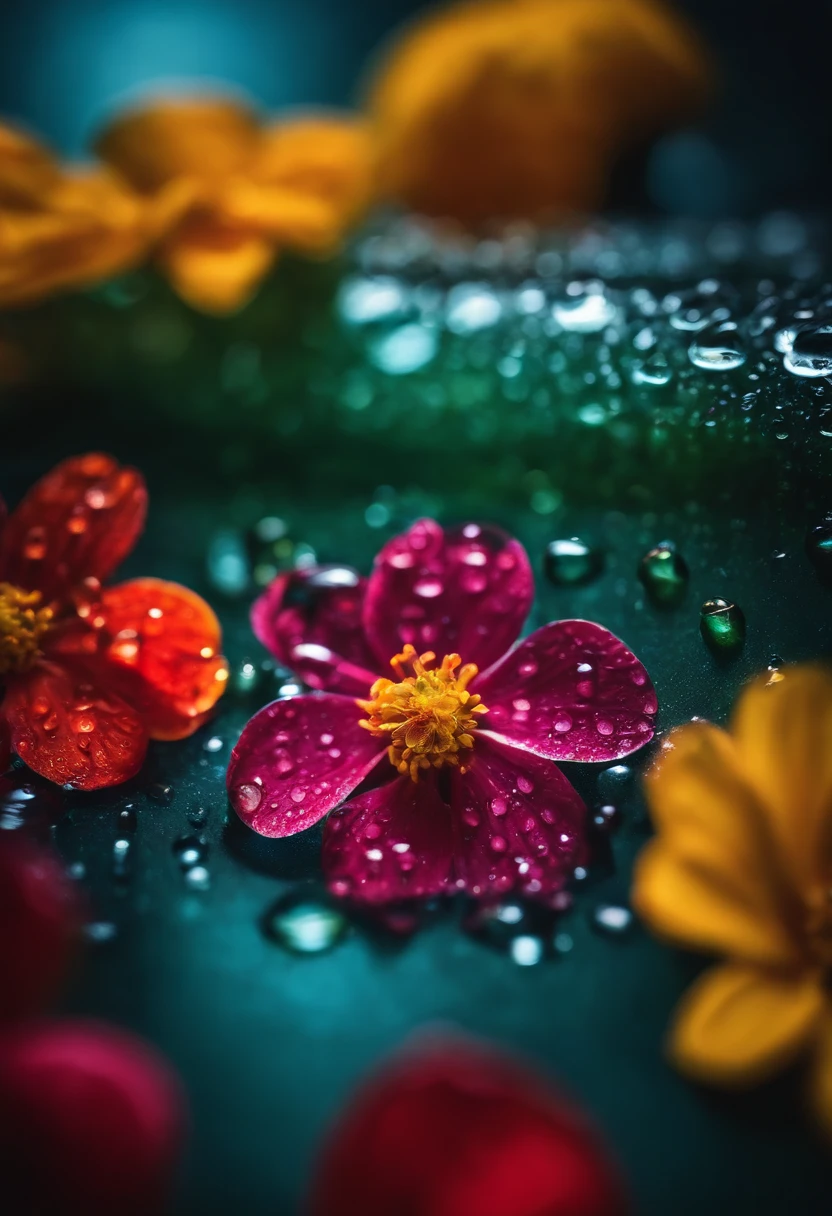 a creative shot of water droplets on a colorful surface, such as a flower or fruit, showcasing the vibrant colors and enhancing the visual impact