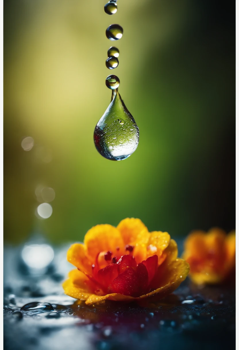 a creative shot of water droplets on a colorful surface, such as a flower or fruit, showcasing the vibrant colors and enhancing the visual impact