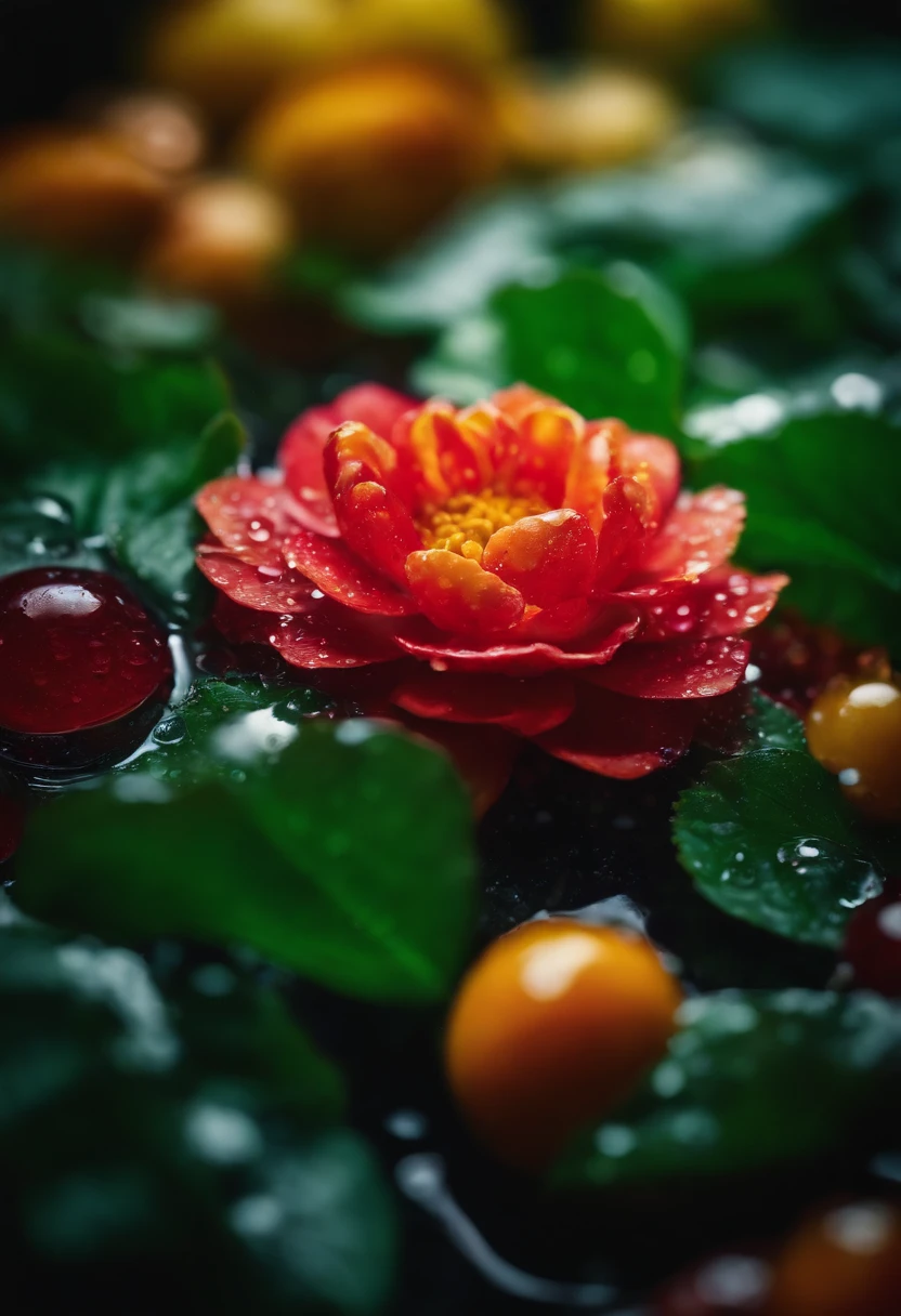 a creative shot of water droplets on a colorful surface, such as a flower or fruit, showcasing the vibrant colors and enhancing the visual impact