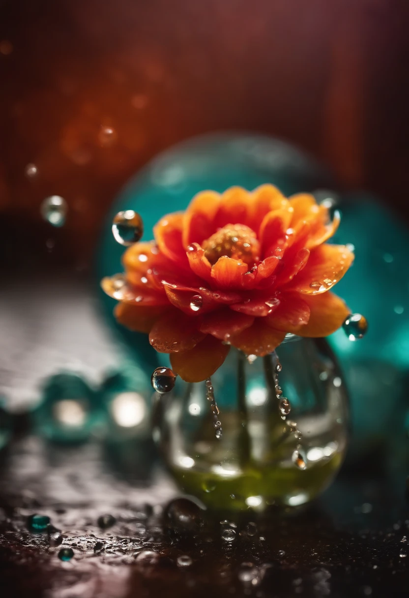 a creative shot of water droplets on a colorful surface, such as a flower or fruit, showcasing the vibrant colors and enhancing the visual impact