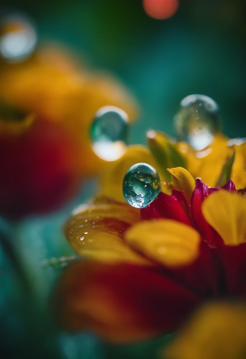 a creative shot of water droplets on a colorful surface, such as a flower or fruit, showcasing the vibrant colors and enhancing the visual impact