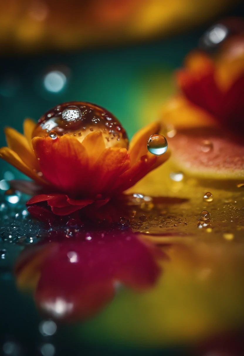 a creative shot of water droplets on a colorful surface, such as a flower or fruit, showcasing the vibrant colors and enhancing the visual impact