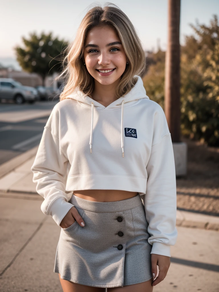 ,photography of a 20yo woman,light blond hair, perfect face, masterpiece,instaphoto,latina, a mole on my right cheek, photorealisic,8k, a gentle smile,photo from a vacation,professional (full body photo), (4k photo:1.1),skirt,hoodie