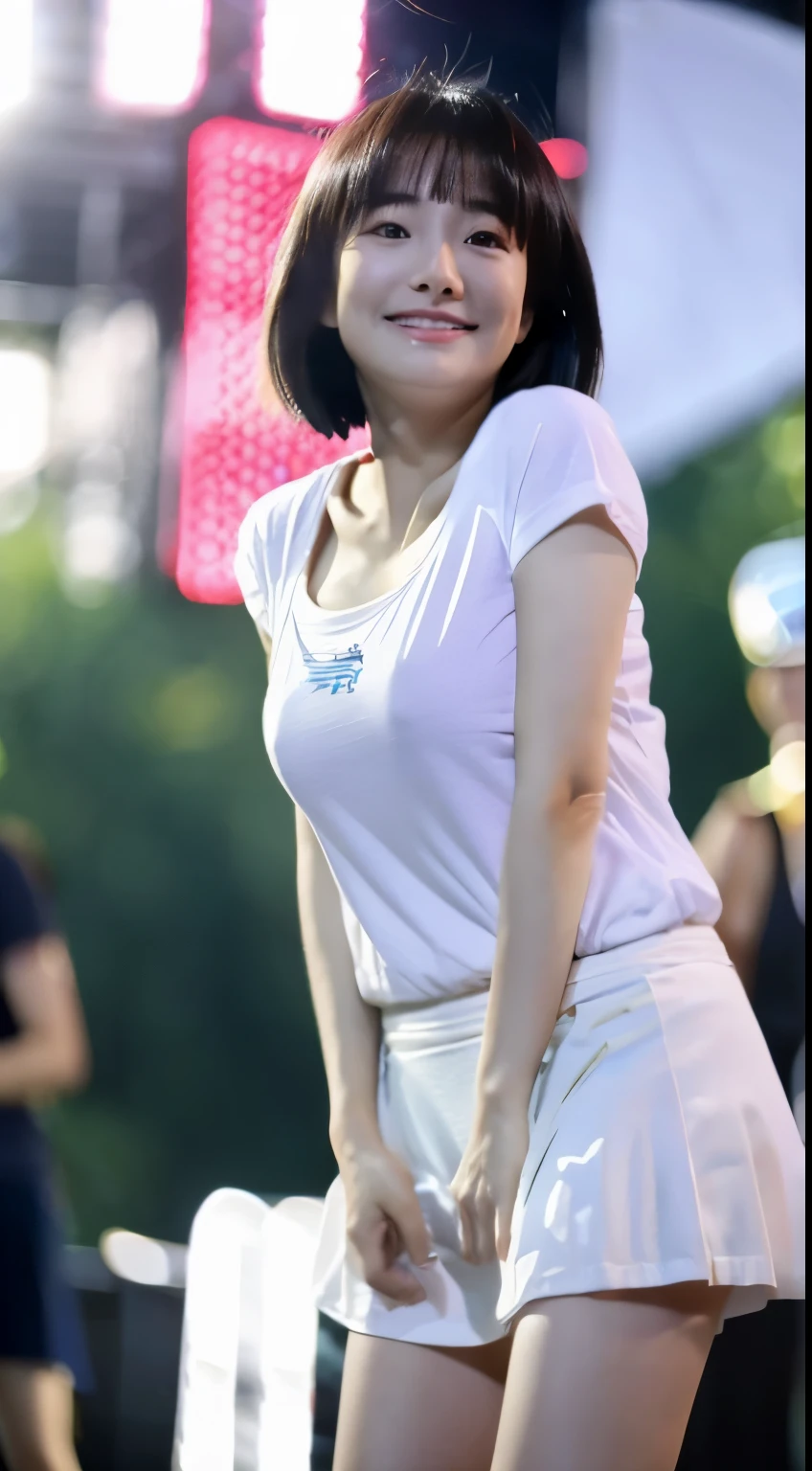 japanes、11age、teens girl、小柄、Short hair、Juvenile look、Slightly thick body shape、Idol singer、singing on the outdoor stage、Packed crowd、A tight shirt with very large breasts、Breast shape comes out、Wearing a miniskirt、The skirt is very short、Shooting from directly below、Panties are visible、Panties in full view、