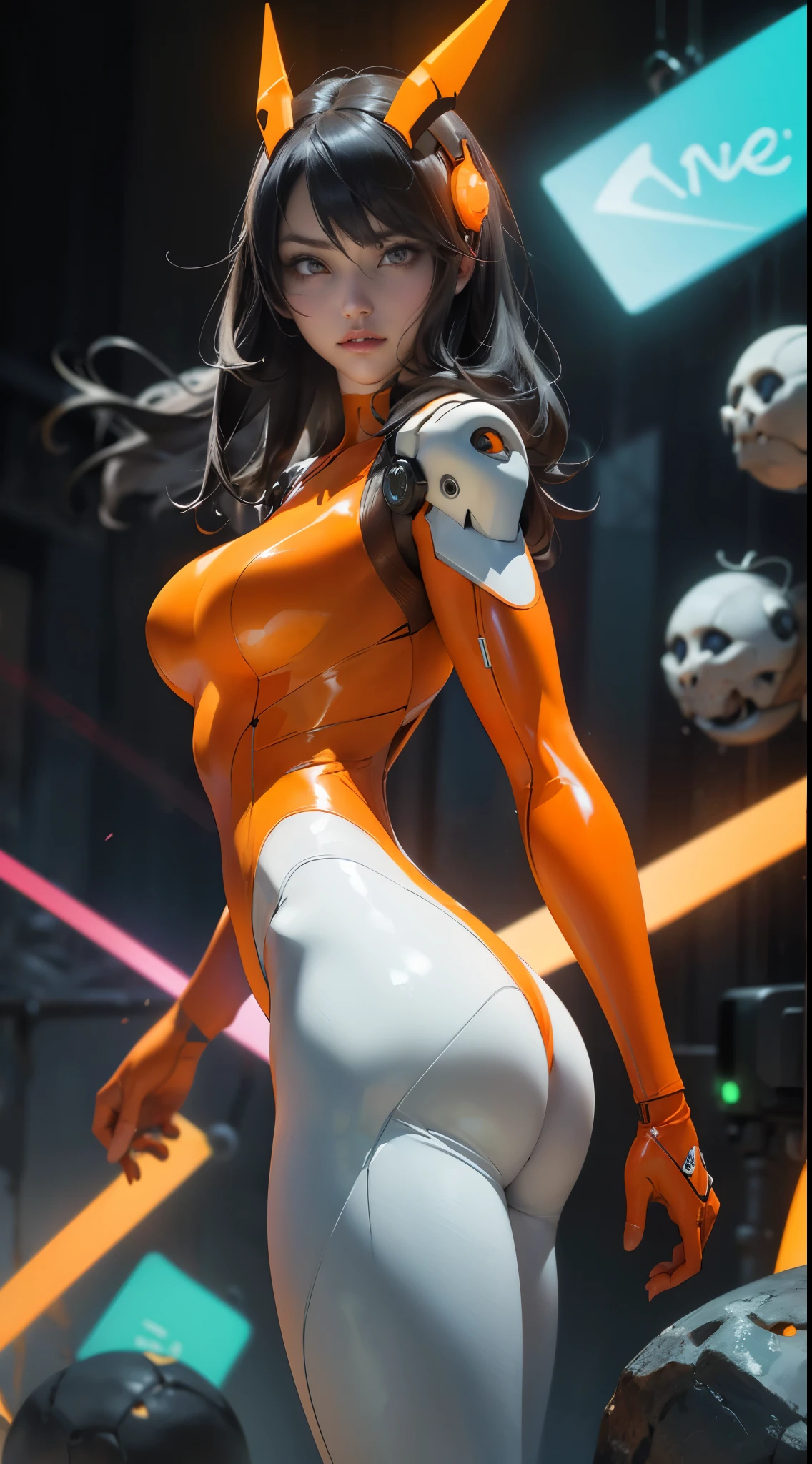 (La mejor calidad,A high resolution,Ultra - detallado,actual), cyberpunked、large buttockss、arrodillarse、Electronic visor attached to the face of a 12-year-old girl with emphasis on the buttocks、(Red latex body:1.4),(Moda cyberpunk:1 4)、Pose sexy、(Usar polainas amarillas en la parte inferior del cuerpo、Agrandamiento de los senos、Neon lights in the dark city at night,(white cyborg latex bodysuit:1.4), (hermosos ojos azules), (fondo piedras grandes negro:1.4) , (pose vaquero ), (realistic) ,Arte detallado de alta calidad 8K, Fanart Mejor ArtStation, Fantasy art style ,(neon orange bodysuit:1.4)