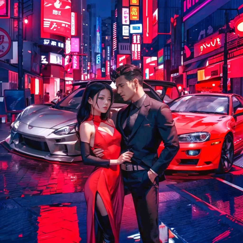 Beautiful Asian woman wearing a red beautiful dress  with black hair next time is a handsome guy wearing a black suit in the background to JDM cars one silver one red in the background a futuristic Tokyo in a red filter