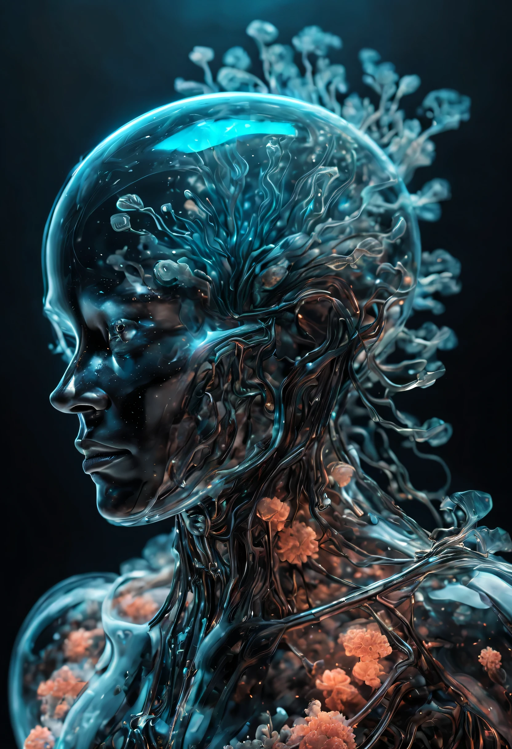 anatomically correct a biomechanical cyborg made of coral reef vidrio, transparente body, Piel bioluminiscente, vidrio humo texture, vidrio, fondo suave brillante, brillar, Subsoil Scatter, transparente, resplandecer, humo, medusa, coral, Bioluminescent liquid, particle volumetric light, tubo, Estilo 3D,Estilo cyborg,Movie Still,Estilo Leonardo ,z1l4