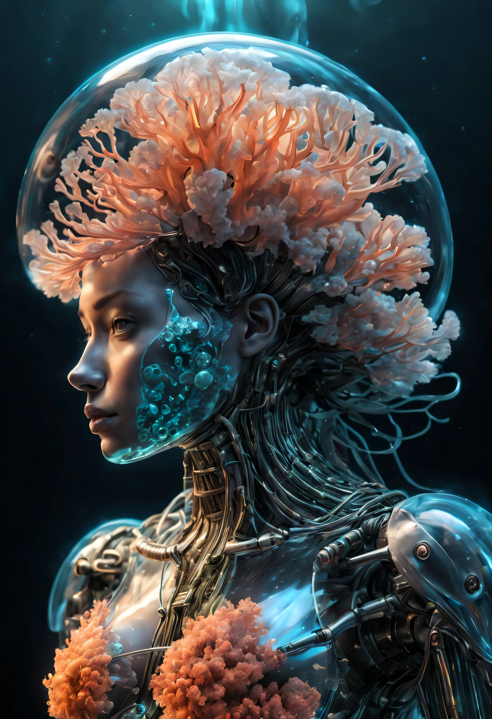 anatomically correct a biomechanical cyborg made of coral reef vidrio, transparente body, Piel bioluminiscente, vidrio humo texture, vidrio, fondo suave brillante, brillar, Subsoil Scatter, transparente, resplandecer, humo, medusa, coral, Bioluminescent liquid, particle volumetric light, tubo, Estilo 3D,Estilo cyborg,Movie Still,Estilo Leonardo ,z1l4