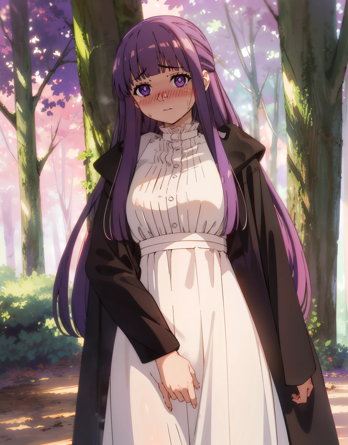 (Best Quality, Masterpiece),sexy, erotic, 1girl, 18 years old, Contempt, pride, long purple hair, ((purple eyes)), looking at viewer, forest, sweat, white long dress, looking at viewer, warm light, angry, (((((blushing))))), covering crotch, black coat