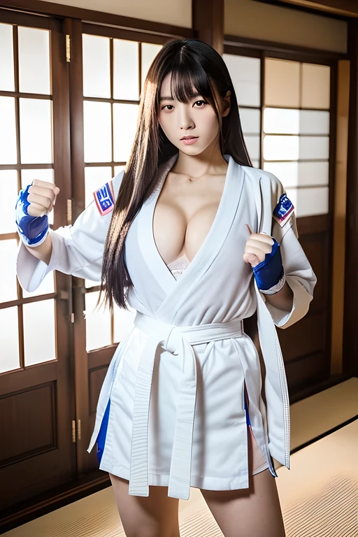 Best quality, 8k, Masterpiece), (Picture a gorgeous 21 year old Japanese female fashion model Aoi Misato with long hair, intimidating appearance, she is wearing white fingerless gloves and white socks), ((karate uniform)), ((cleavage exposed, big breasts)), (Tatami room), (full body), toned body, fitness model body