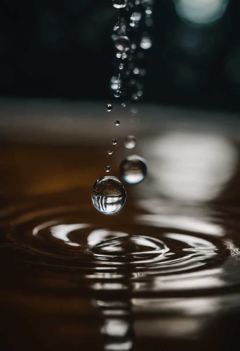 a high-resolution shot of multiple water droplets falling into a pool of water, freezing the moment of impact and capturing the mesmerizing ripples
