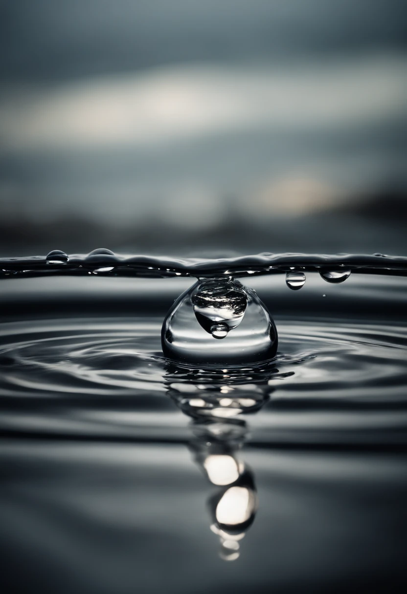 a high-resolution shot of multiple water droplets falling into a pool of water, freezing the moment of impact and capturing the mesmerizing ripples
