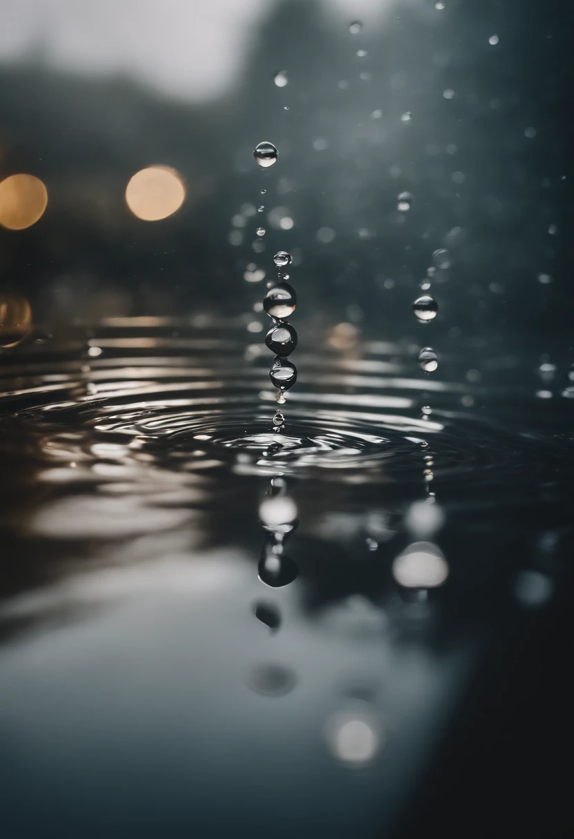 a high-resolution shot of multiple water droplets falling into a pool of water, freezing the moment of impact and capturing the mesmerizing ripples