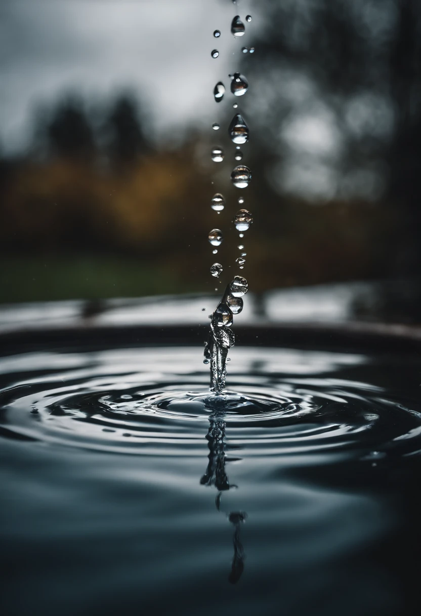 a high-resolution shot of multiple water droplets falling into a pool of water, freezing the moment of impact and capturing the mesmerizing ripples