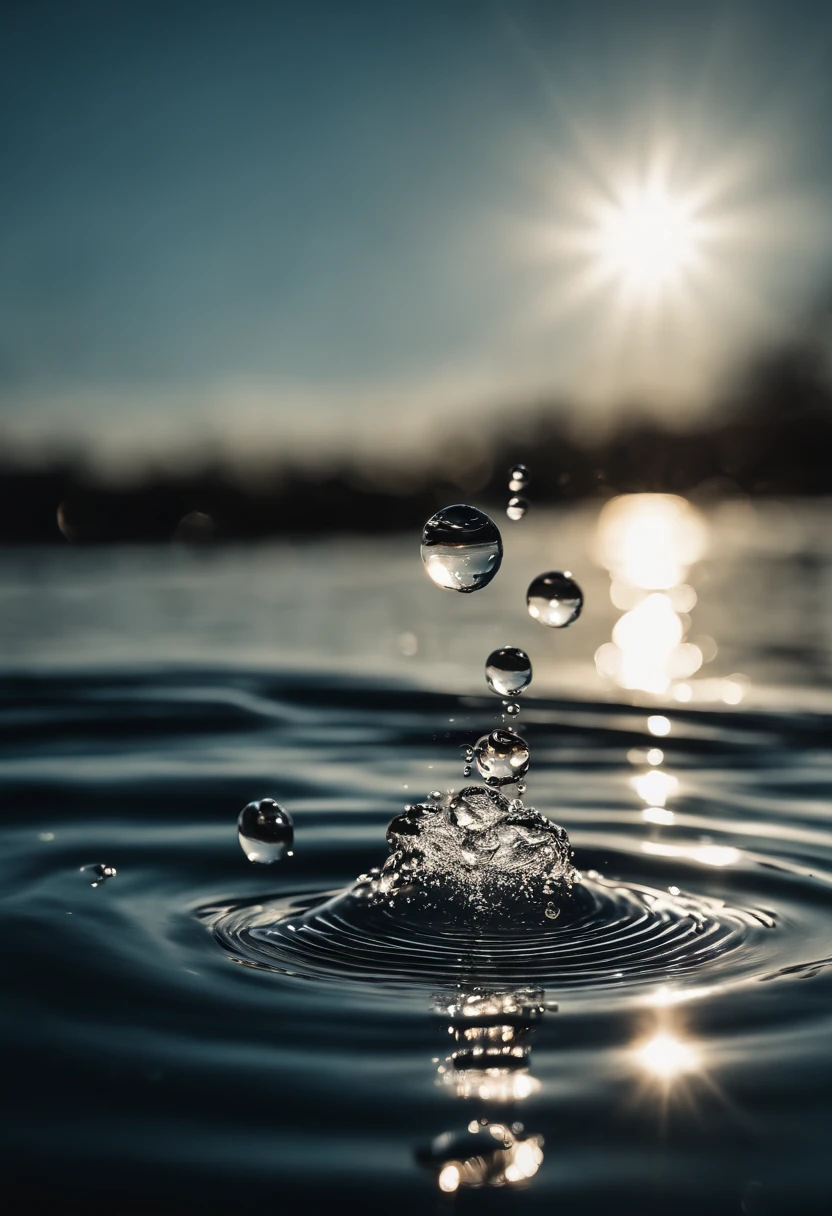 a high-resolution shot of multiple water droplets falling into a pool of water, freezing the moment of impact and capturing the mesmerizing ripples