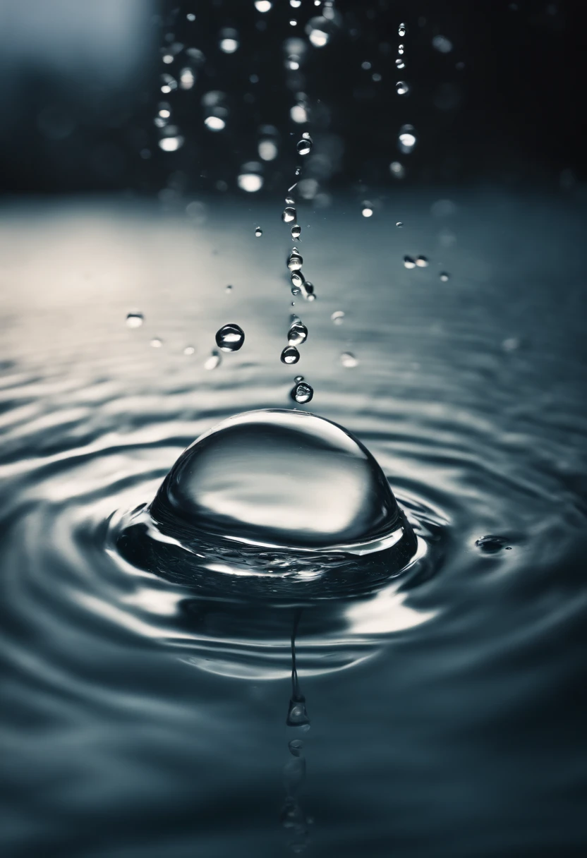 a high-resolution shot of multiple water droplets falling into a pool of water, freezing the moment of impact and capturing the mesmerizing ripples