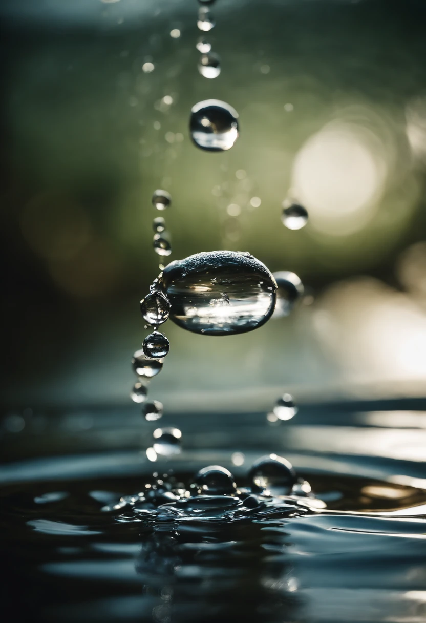 a high-resolution shot of multiple water droplets falling into a pool of water, freezing the moment of impact and capturing the mesmerizing ripples