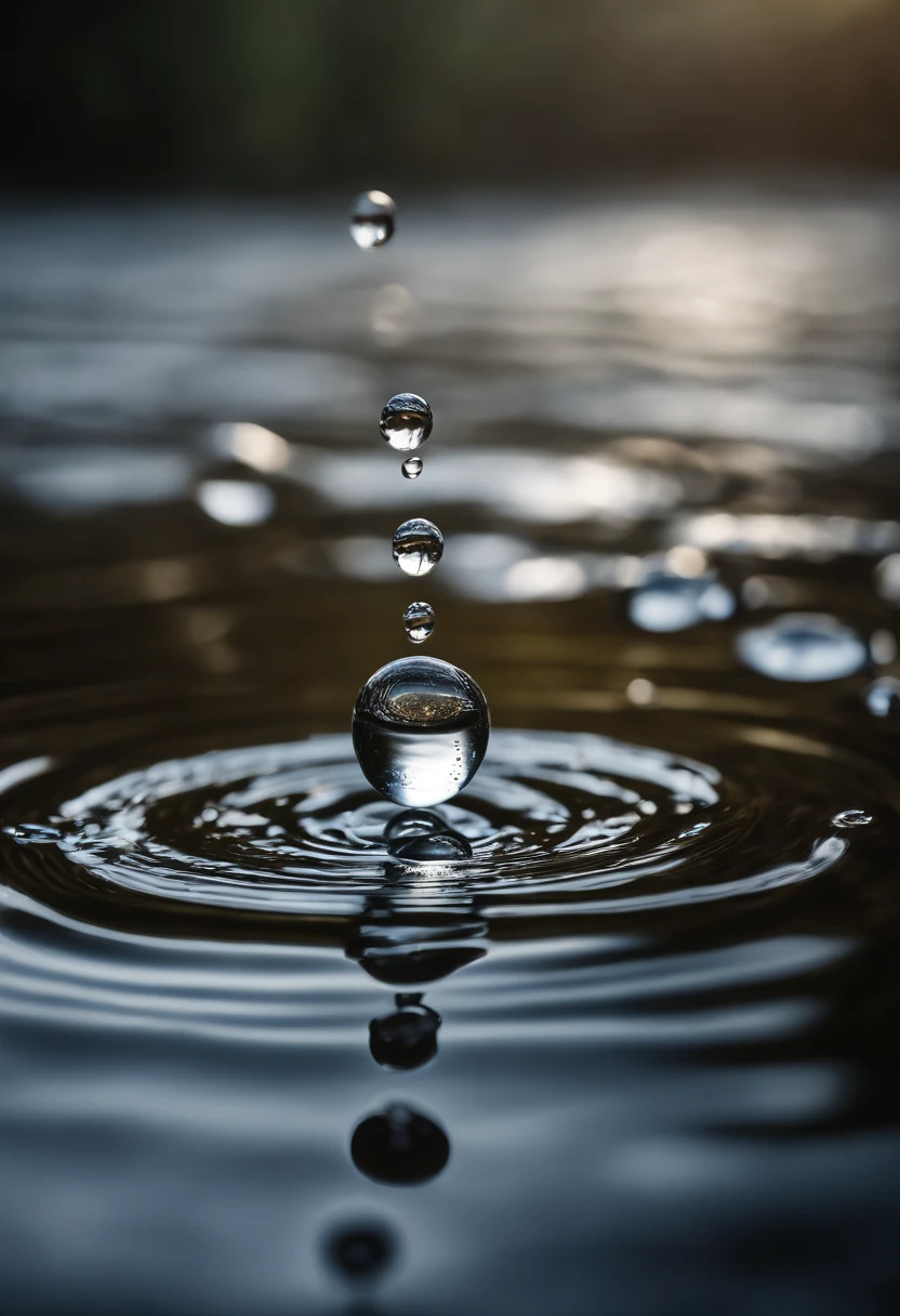 a high-resolution shot of multiple water droplets falling into a pool of water, freezing the moment of impact and capturing the mesmerizing ripples