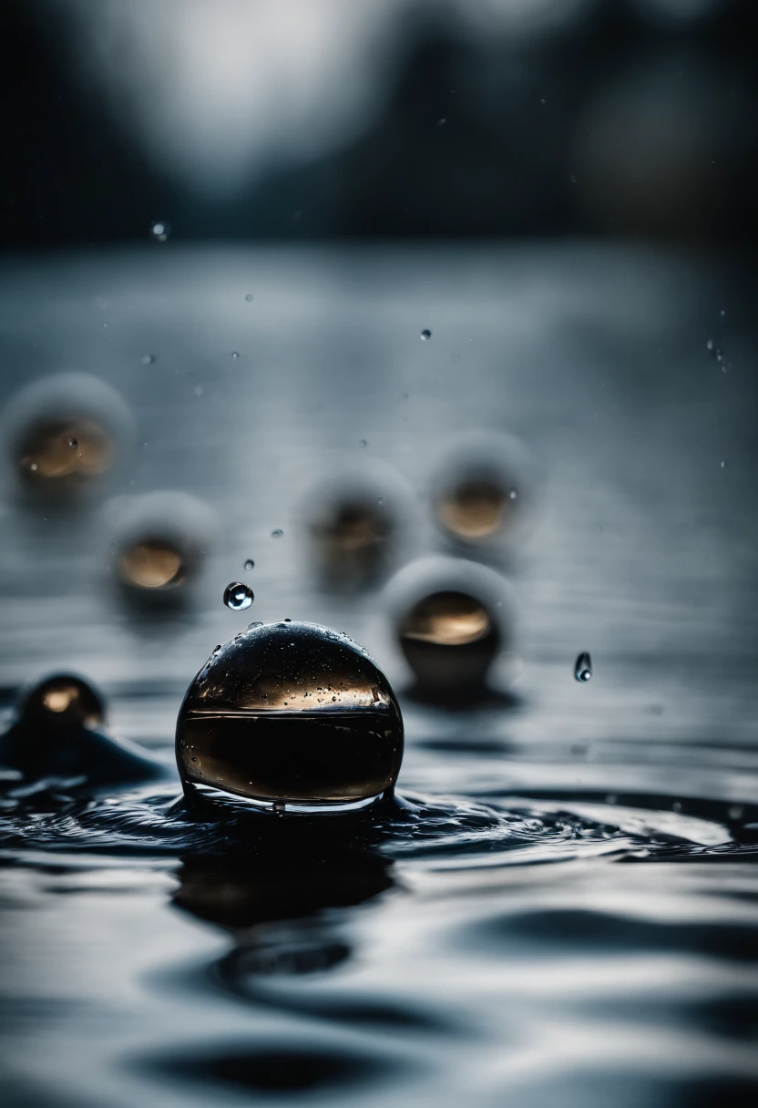 a high-resolution shot of multiple water droplets falling into a pool of water, freezing the moment of impact and capturing the mesmerizing ripples