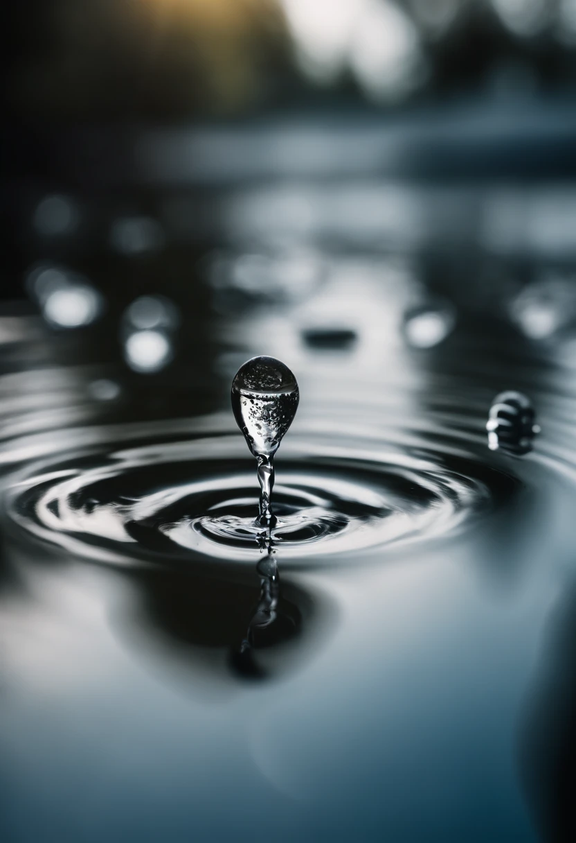 a high-resolution shot of multiple water droplets falling into a pool of water, freezing the moment of impact and capturing the mesmerizing ripples