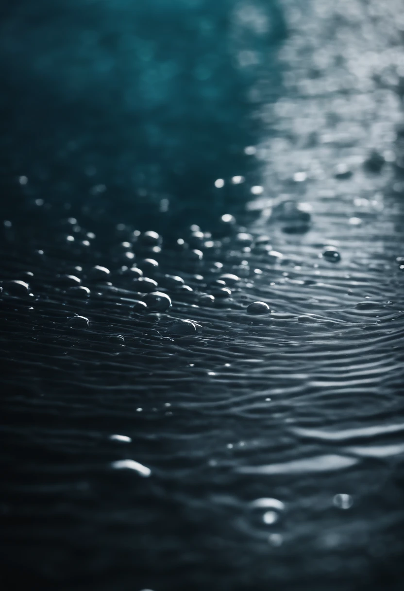 a high-resolution shot of multiple water droplets falling into a pool of water, freezing the moment of impact and capturing the mesmerizing ripples