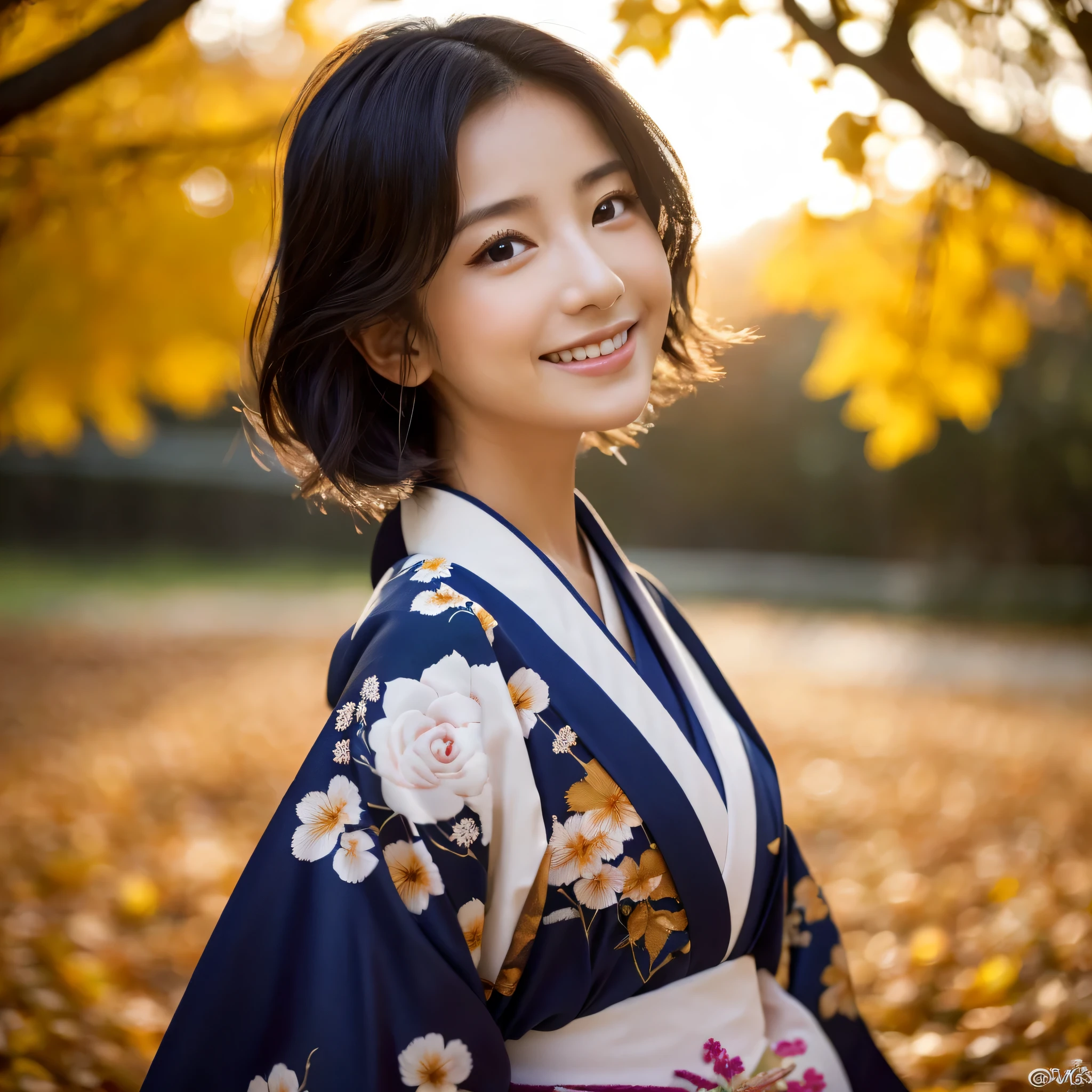 (Super beautiful woman in kimono)、((best qualtiy、8k masterpieces:1.3))、foco nítido:1.2、(ultra beautiful faces:1.0)、(shinny skin:1.0)、photos realistic、A dark-haired、Video Lighting、High-definition eyes and face、Video Lighting、Japanese actressl、from the front side、medium breasts、With a happy smile、wearing kimonos、Under the autumn leaves、highest grade obi