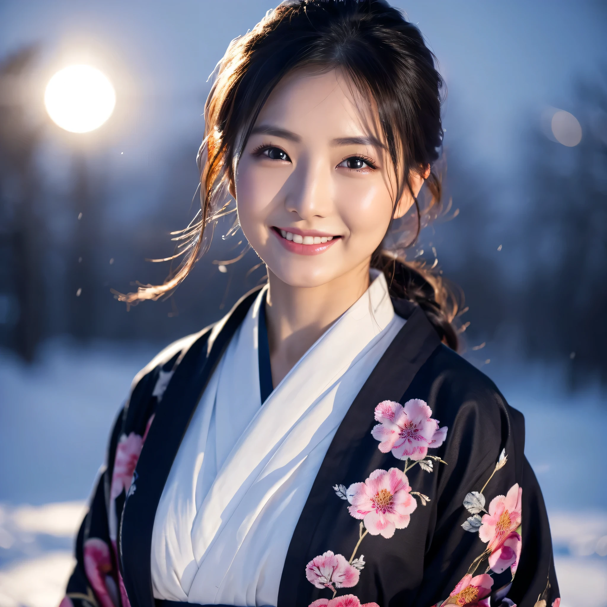 (Super beautiful woman in kimono)、((best qualtiy、8k masterpieces:1.3))、foco nítido:1.2、(ultra beautiful faces:1.0)、(shinny skin:1.0)、photos realistic、A dark-haired、Video Lighting、High-definition eyes and face、Video Lighting、Japanese actressl、from the front side、medium breasts、With a happy smile、Slender Abs Beauty、Whole body、wearing kimonos、In a snowy landscape in the middle of winter、highest grade obi