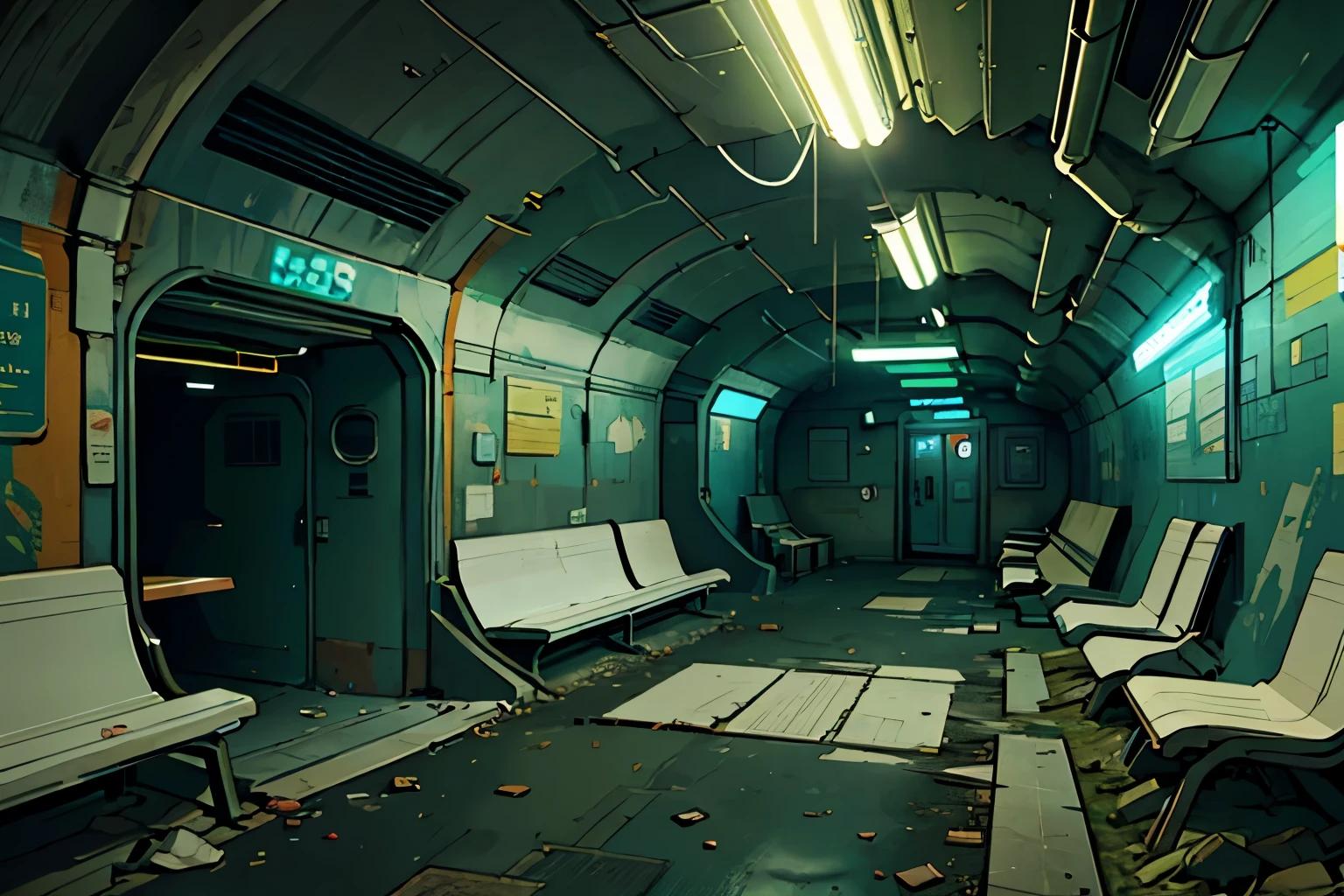 abandoned underground shelter in a subway, futuristic city (Scenario 1.5)