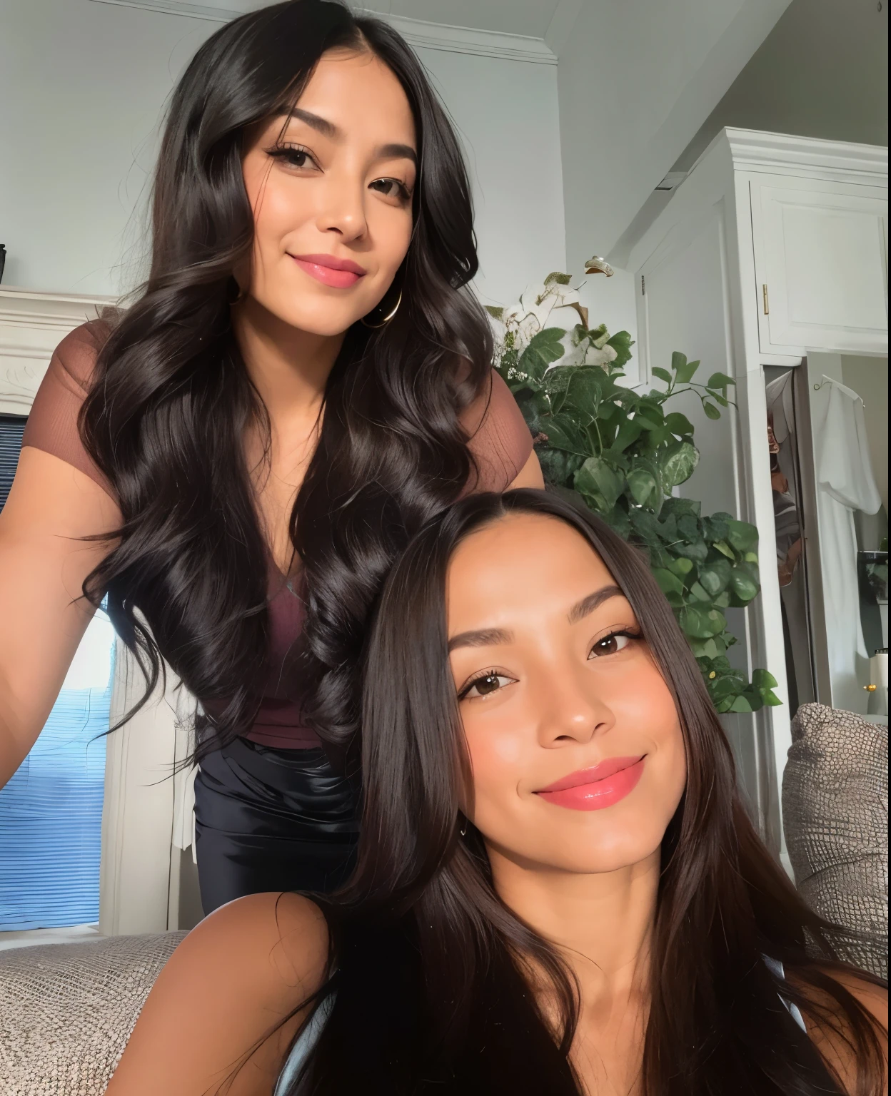 two women sitting on a sofa posing for a photo, Modelaje para Dulce y Gabanna, Dos modelos en el marco, con hiedra, Violeta Myers, Caras preciosas, Hermanas, Entre bastidores photo, con cabello negro lacio, Caras hermosas, photo session, suave en _ Los antecedentes, photo session for skincare brand, Entre bastidores, photo session, both smiling for the camera