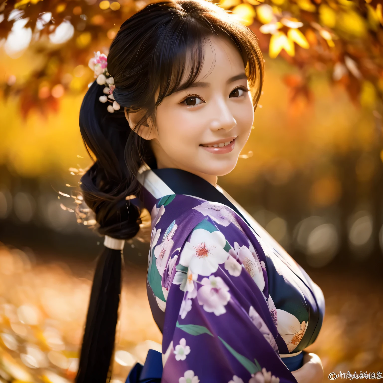 (Super beautiful woman in kimono)、((best qualtiy、8k masterpieces:1.3))、foco nítido:1.2、(ultra beautiful faces:1.0)、(shinny skin:1.0)、photos realistic、A dark-haired、Video Lighting、High-definition eyes and face、Video Lighting、Japanese actressl、from the front side、medium breasts、With a happy smile、wearing kimonos、Under the autumn leaves、highest grade obi