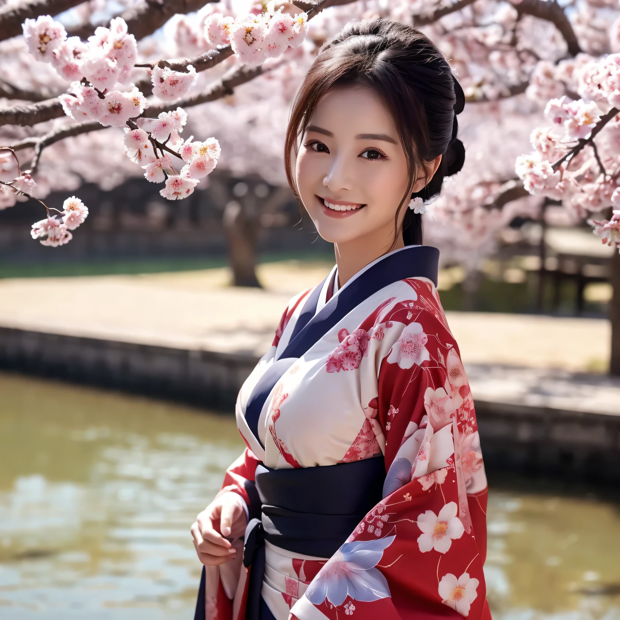 (Super beautiful woman in kimono)、((best qualtiy、8k masterpieces:1.3))、foco nítido:1.2、(ultra beautiful faces:1.0)、(shinny skin:1.0)、photos realistic、A dark-haired、Video Lighting、High-definition eyes and face、Video Lighting、Japanese actressl、from the front side、large full breasts、With a happy smile、Slender Abs Beauty、Whole body、wearing kimonos、cherry blossom in full bloom、luxury obi