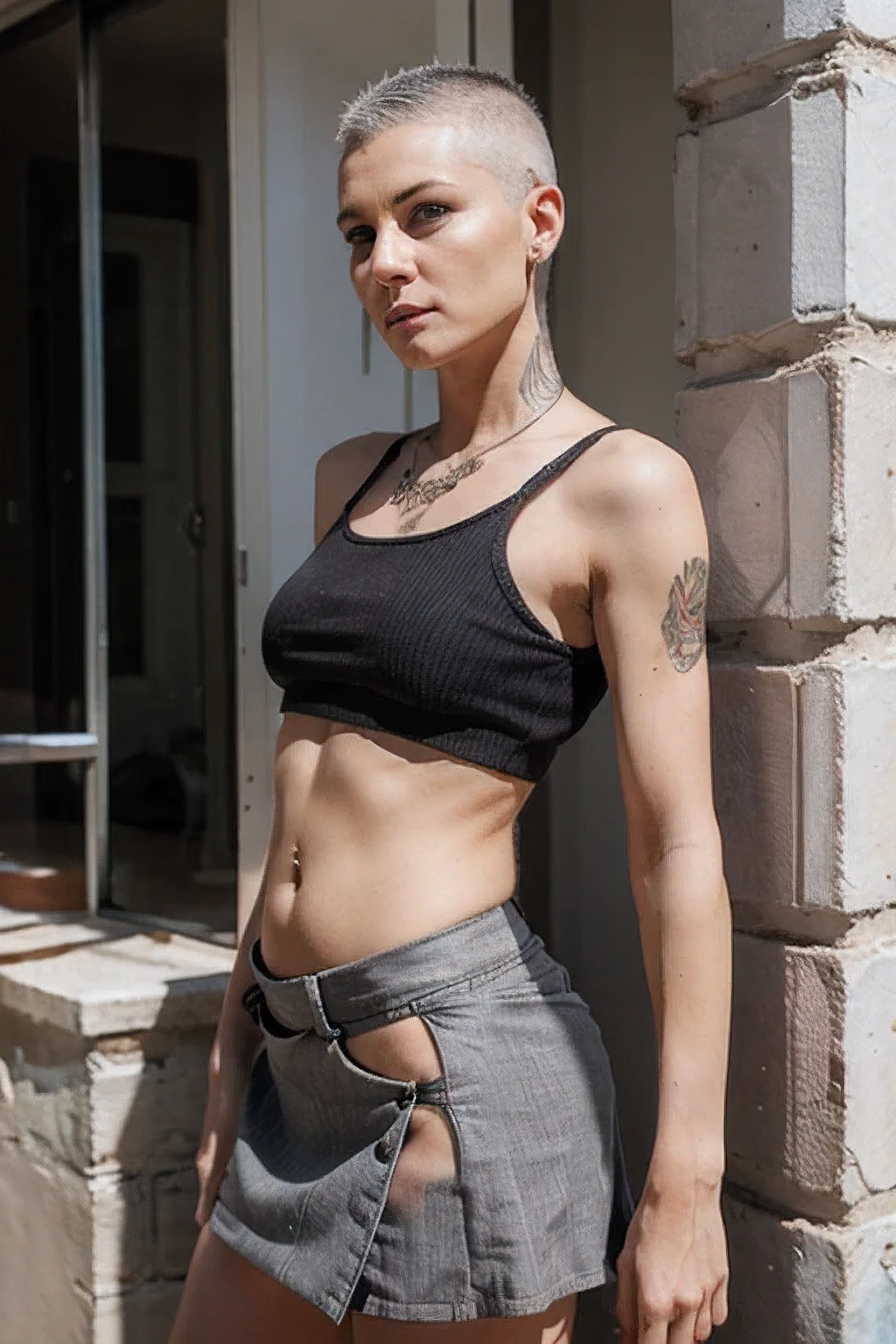 skinny punk woman, 60 yo, grey hair one side shaved, wearing a micro skirt