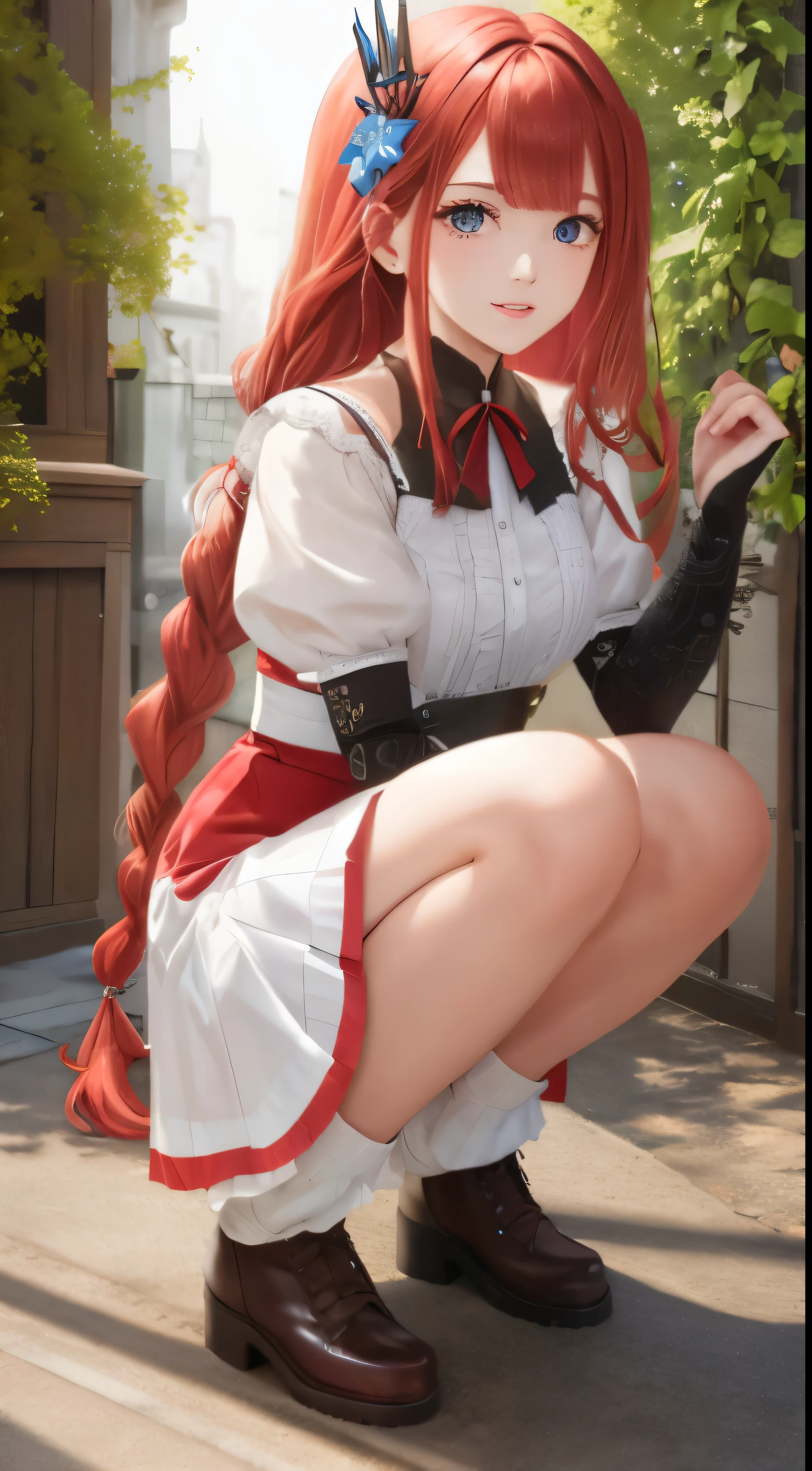 pecorine, pecorine, blue eyes, hair ornament, long hair, orange hair, tiara, braid, hair braid, BREAK arm belt, armor, ascot, blue socks, boots, dress, gloves, hair ornament, open clothes, open dress, pauldrons, pleated skirt, puffy short sleeves, puffy sleeves, red ascot, red skirt, short sleeves, shoulder armor, single pauldron, skirt, socks, white dress, white footwear, white gloves, BREAK looking at viewer, full body, BREAK outdoors, BREAK (masterpiece:1.2), best quality, high resolution, unity 8k wallpaper, (illustration:0.8), (beautiful detailed eyes:1.6), extremely detailed face, perfect lighting, extremely detailed CG, (perfect hands, perfect anatomy),